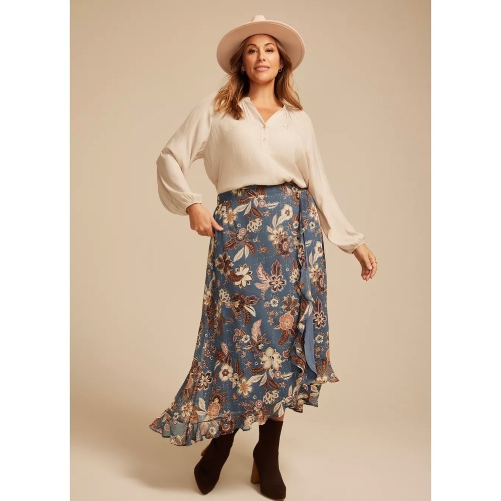 Maurices Blue Floral Faux Wrap Maxi Skirt XXL Boho Ruffle Hem Western Modest